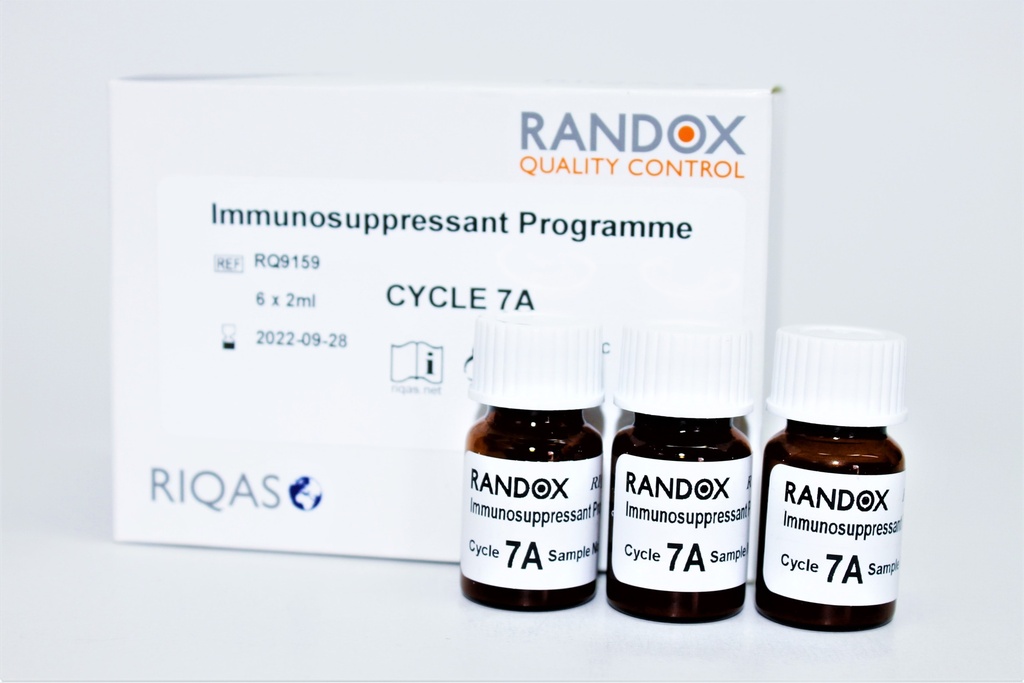 Control de Calidad Externo (Ensayo de Aptitud) RIQAS Inmunosupresores. 4 Mensurandos. Rep. 30. Randox (UK).
