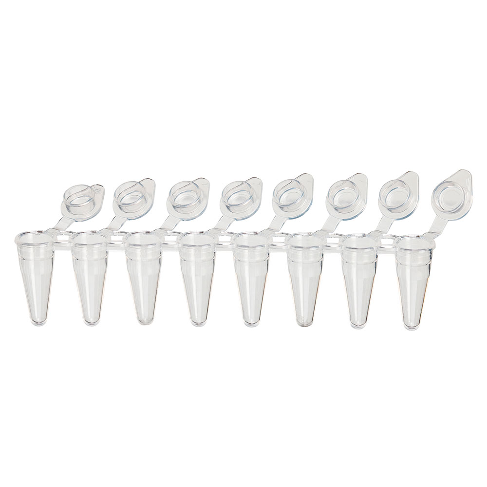 PCR 8-Strip Tubes, 0.2ml, white. Individually-Attached Flat Caps. Globe Scientific (USA).