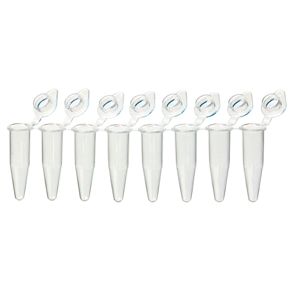 QuickSnap 0.2mL 8-Strip Tubes, with Individually-Attached Flat Caps, Clear. Globe Scientific (USA).