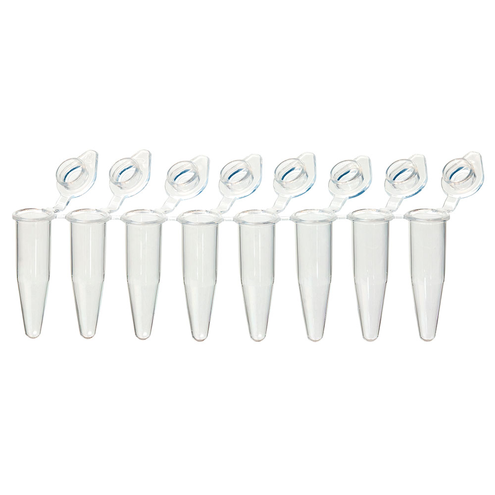 QuickSnap 0.2mL 8-Strip Tubes, with Individually-Attached Flat Caps, Clear. Globe Scientific (USA).