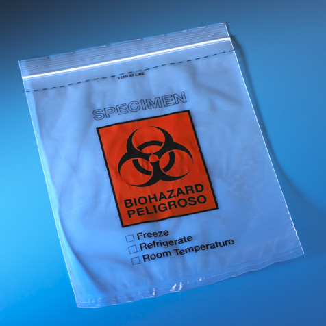 Bolsa para Transporte de Muestras Biohazard, 8"X10", Ziplock. Globe Scientific (USA). Paquete x 100