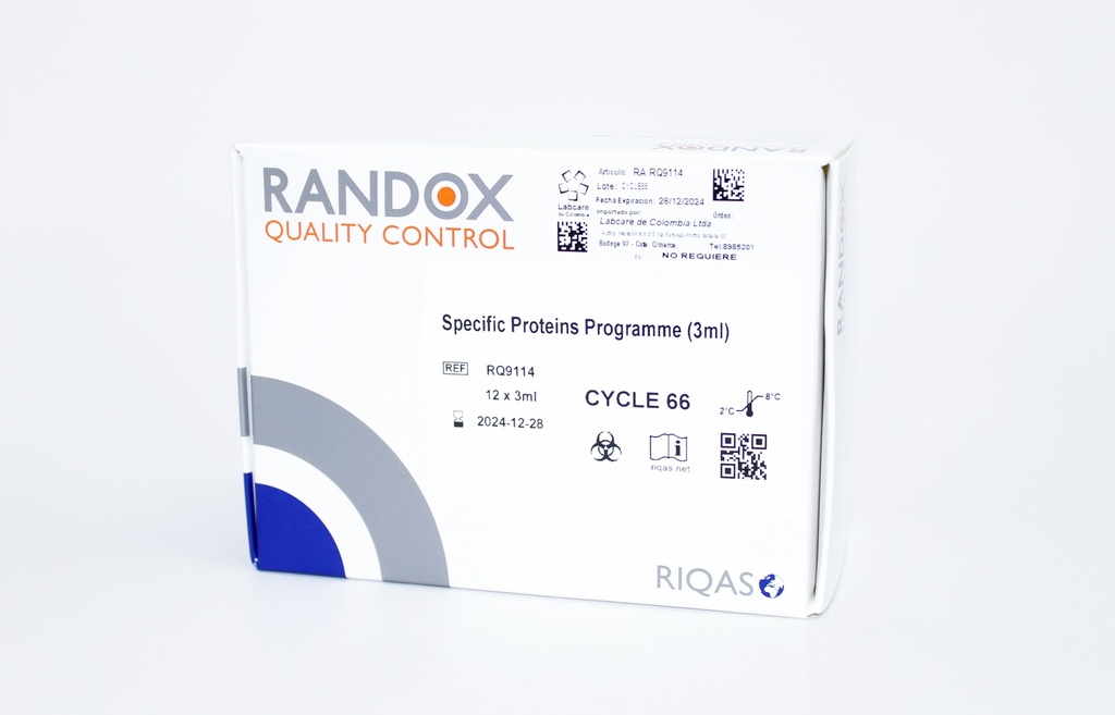 Control de Calidad Externo RIQAS Proteínas Específicas. 26 Mensurandos. Rep. 15. Randox (UK).