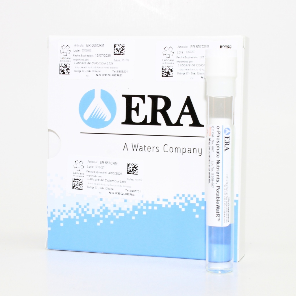 Material de Referencia Certificado (CRM) Agua de Suministro para Nutrientes o-Fosfato. Rango: 0.5-5.5 mg/L. ERA (USA) 