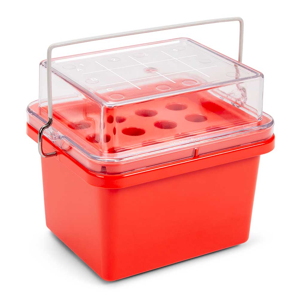Gradilla para Almacenamiento de Tubos A 0°C (Mini Cooler ). Color Rojo. 12 Posiciones (3X4) Tubos de Recolección de Sangre. Globe Scientific (USA).