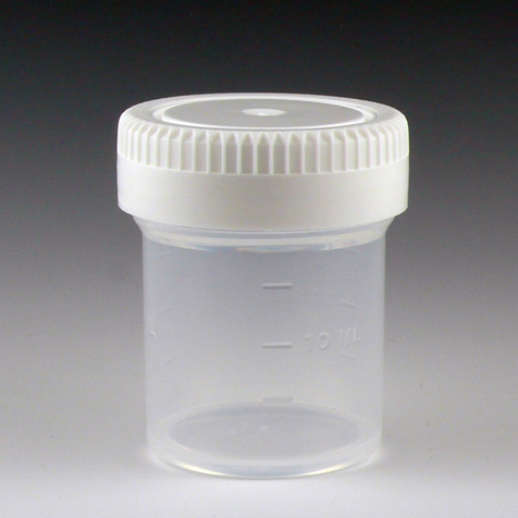 Contenedor Plástico para Muestras. 20 ml, Graduado, Diámetro 35 mm, Tapa Rosca Blanca. Globe Scientific (USA).