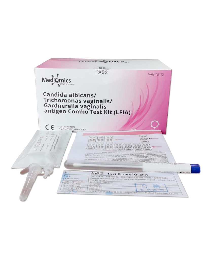 Candida albicans, Trichomonas vaginalis, Gardnerella vaginalis Antigen Combo Test Kit (LFIA). Medomics