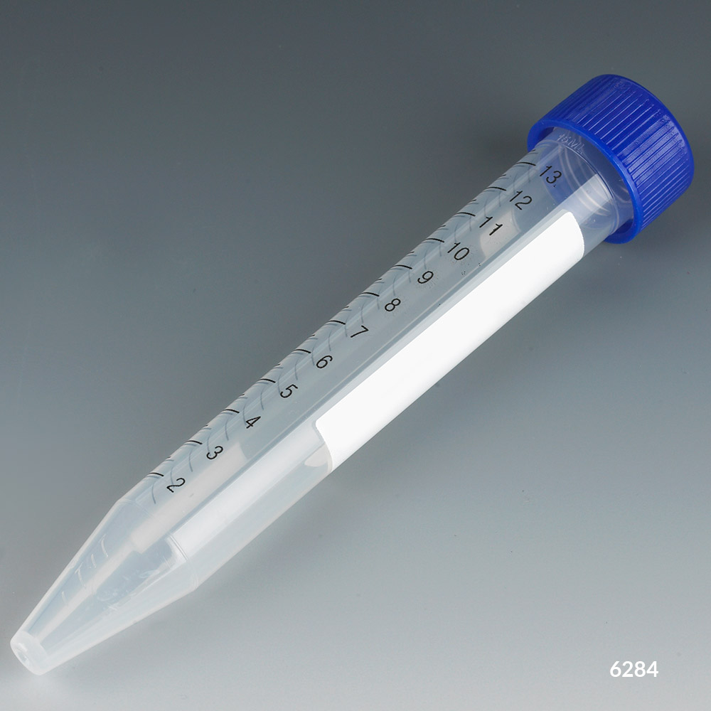 Tubo PP, Fondo Conico 15 ml, Con Tapa Azul, Graduacion Impresa Globe Scientific (USA). 