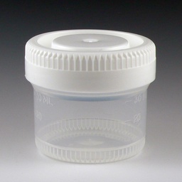 [GB 6520] Contenedor Plástico para Muestras. 40 ml, Graduado, Diámetro 48 mm, Tapa Rosca Blanca. Globe Scientific (USA).